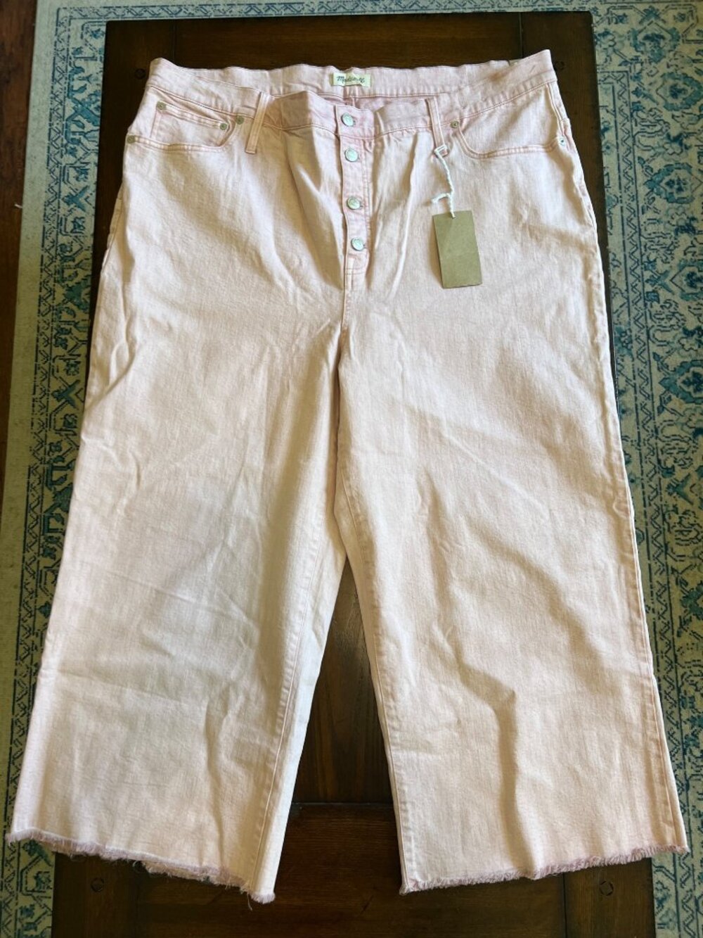 Madewell Wide-Leg Crop Jeans Button Fly Pink HIgh Wais Riset Raw Hem 37 24W NEW